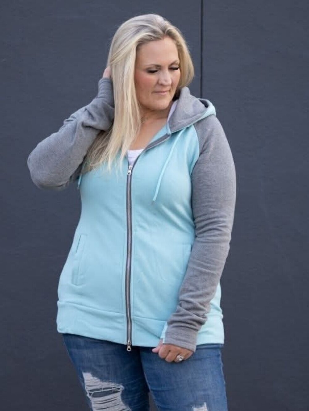 Women's Two-Tone Light Blue & Gray Fleece Zip Hoodie Sweatshirt